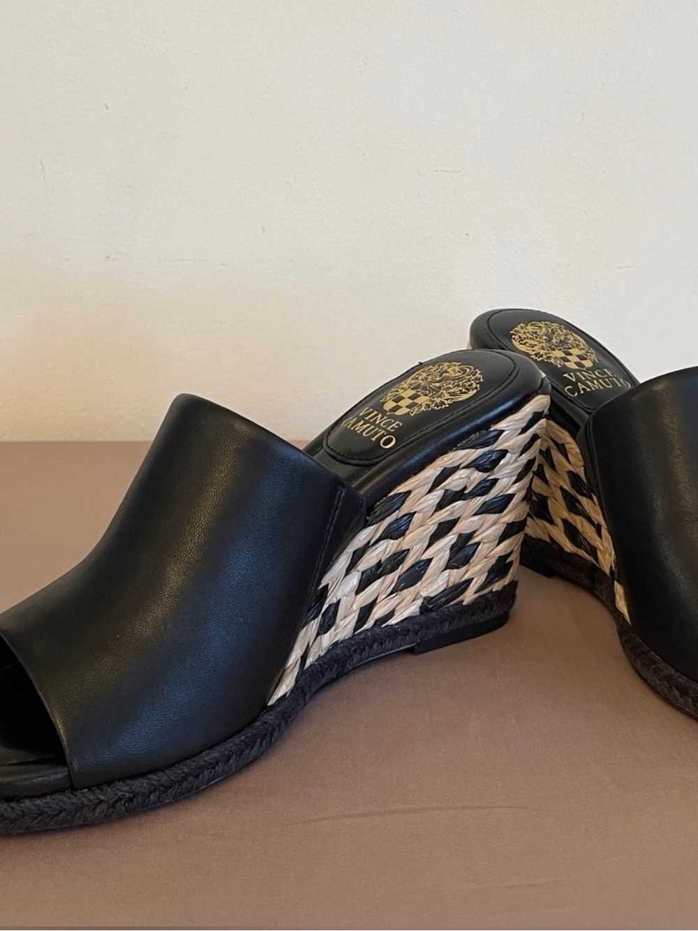 Vince Camuto Black Leather Woven Espadrille Wedge Slides